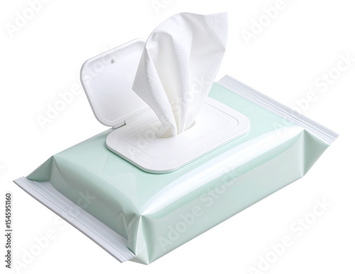 Opened package of wet wipes with a single wipe partially pulled out from the dispenser on transparent background.