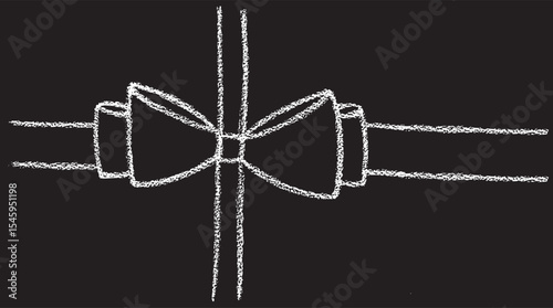 Chalk coquette bow on ribbon. Hand drawn vector illustration isolated on black chalkboard background for design template wedding, Birthday, Christmas decoration or discount, sale.