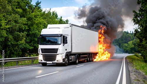 Truck engulfed in flames on highway.