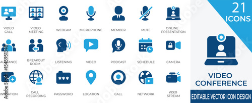 A modern vector icon set for online video calls, remote meetings, and collaboration. Perfect for digital communication, webinars, podcasts, and virtual work tools.
