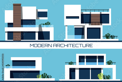 Modern rich villas. Real estate for vacation, business and living. Vector illustration in flat style.