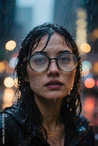 Woman Wearing Fogged Glasses in Rainstorm