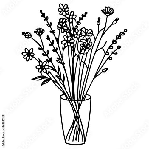 Simple line drawing of wildflowers in a glass vase