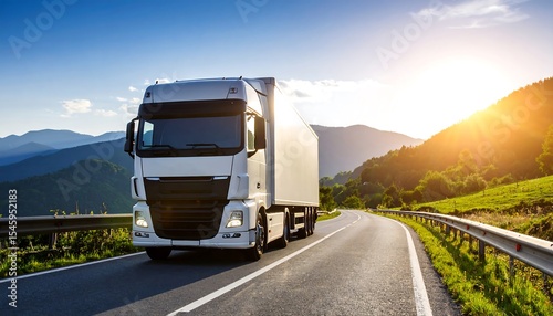 Truck on road with landscape, and sunny day.