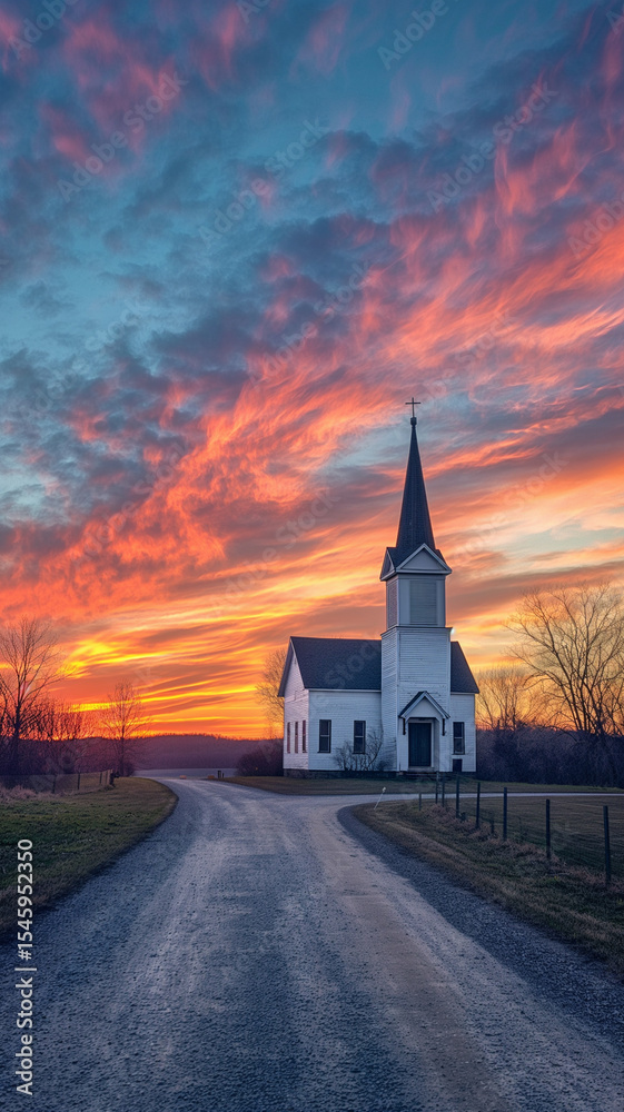 Obraz premium Portrait church atop hill warm light, cathedral, chapel, basilica sanctuary past nave altar, pulpit, rays of light.