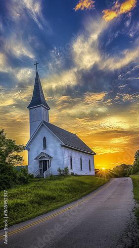 Portrait church atop hill warm light,  cathedral, chapel, basilica sanctuary past nave altar, pulpit, rays of light.