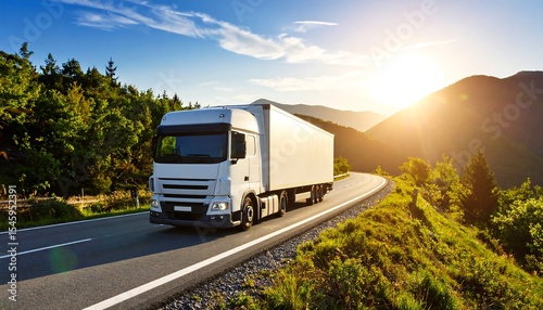 Truck on scenic road with mountains.