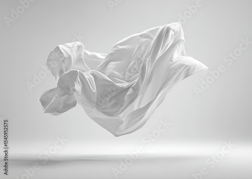 A flowing, white fabric dramatically sculpted in mid-air against a muted grey backdrop, showcasing its texture and weightlessness