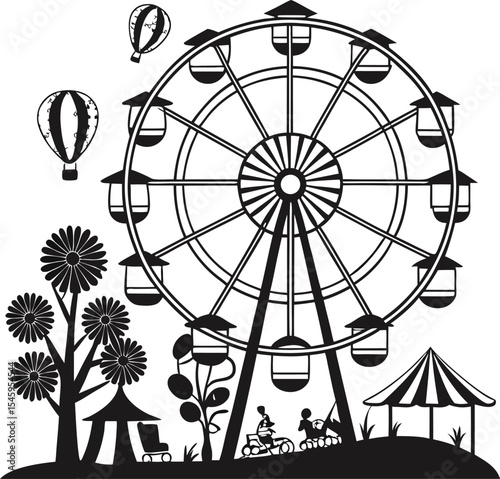 This vector illustration depicts a black ferris wheel, an iconic amusement park symbol, designed as a circular time or compass sign