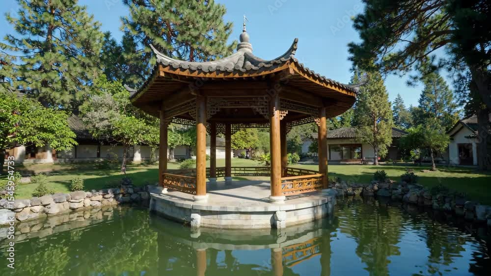 arafed gazebo in a park with a pond and trees arafed gazebo in a park with a pond and trees