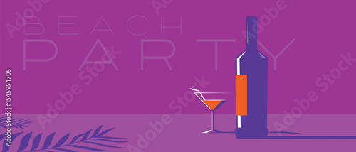 Restaurant banner, summer area, palm trees, bottle of wine, glass. Poster beach party, flat style, margarita, merri, martini