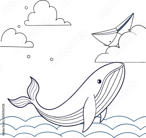 Here's a single sentence to describe images of whales in the sea:

Cute cartoon vector illustration of a whale, dolphin, and fish swimming in the blue ocean