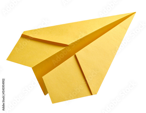Yellow paper airplane folded with precision on transparent background.
