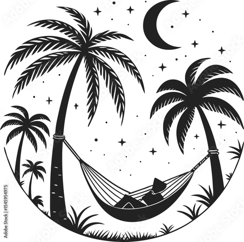 Vector illustration of a tropical beach sunset with a palm tree silhouette, evoking a summer island paradise