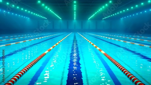 Brightly lit indoor swimming pool with illuminated lanes ready for competition or training activities