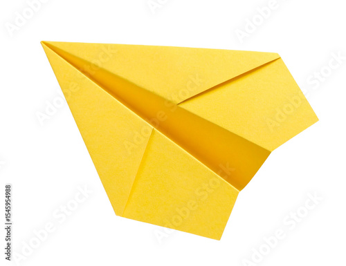 Yellow paper airplane folded with precision on transparent background.