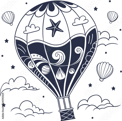 Heart-shaped hot air balloon flying in the sky with a lovely vintage design