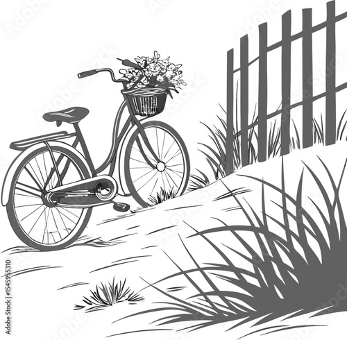 Retro bicycle with a basket of colorful flowers in a garden, perfect for a vintage travel illustration or an antique sport ride