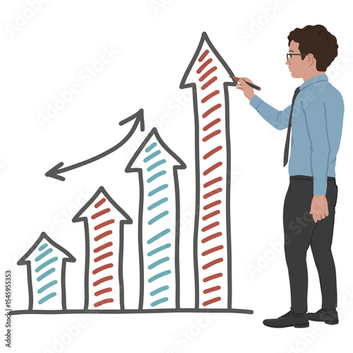 Man drawing upward pointing arrows representing business growth on a white background surface area