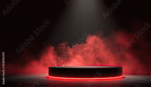 Wallpaper Mural A dark, circular platform with red neon lighting is encircled by red fog under a single spotlight against a black background Torontodigital.ca