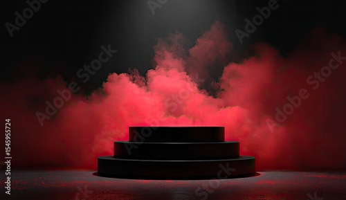 Wallpaper Mural A three-tiered black platform sits in a dark space, enveloped by crimson smoke illuminated by a single spotlight above Torontodigital.ca