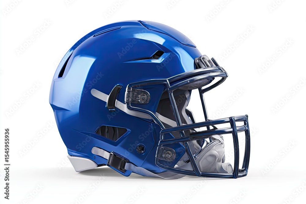 Fototapeta premium Glossy blue football helmet, angled left, showcasing facemask and chin strap details against a stark white background