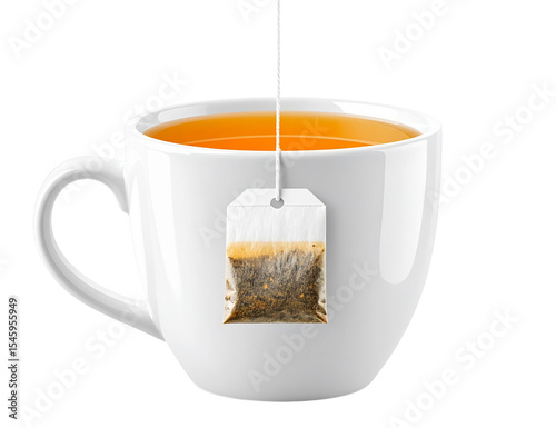 Ceramic white mug steeping herbal tea bag, warm liquid creating rich aromatic infusion against clean light background
