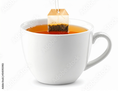 Ceramic white mug steeping herbal tea bag, warm liquid creating rich aromatic infusion against clean light background