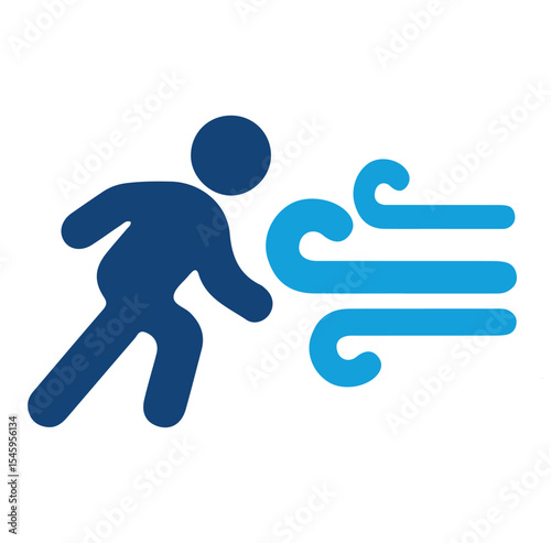 Blue icon of a running figure with wind lines, symbolizing speed and windy weather