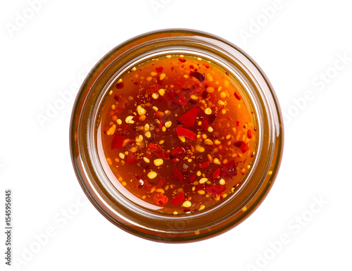 Glass jar filled with delicious, fermented hot honey, creating a sweet heat sauce enriched with probiotics, captured from above against a transparent background