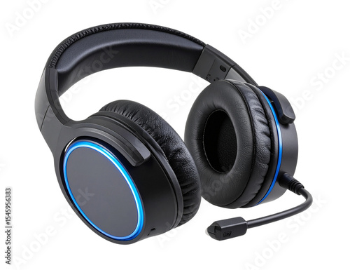 Modern wireless gaming headset with blue illuminating lights and microphone on a transparent background, perfect for gamers and streamers seeking high quality audio and communication