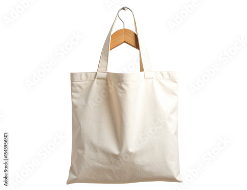 Natural cotton tote bag hanging on a hook against a transparent background, offering an ideal canvas for displaying unique designs or branding concepts in a clean, eco friendly way 