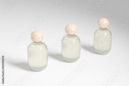 Clear cosmetic plastic bottle with wooden ball shape flip cap mockup, round packaging with Spherical flip Cap, modern round skincare container, luxury cylinder squeeze bottle, cylindrical shape bottle