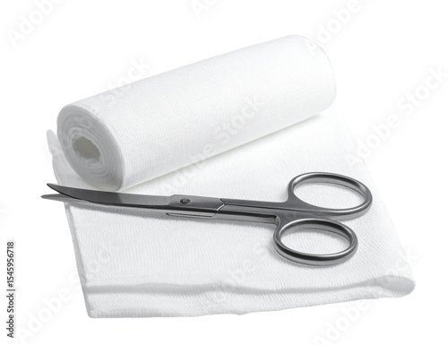 Sharp stainless steel bandage scissors are lying on a piece of white gauze near a roll of medical bandage, isolated on a transparent background, ready for use in first aid or medical procedures