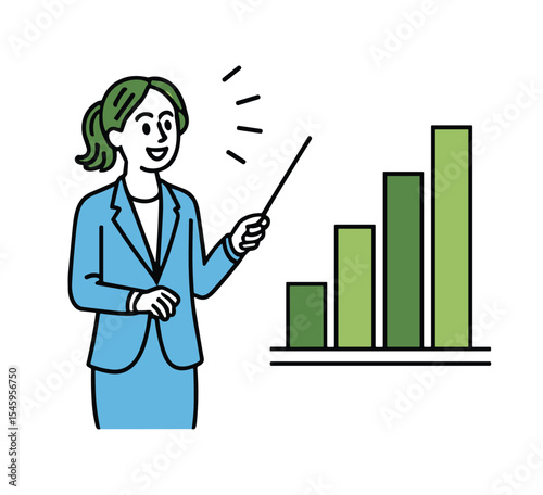 Woman in blue suit presenting a green bar graph with increasing values on a black background