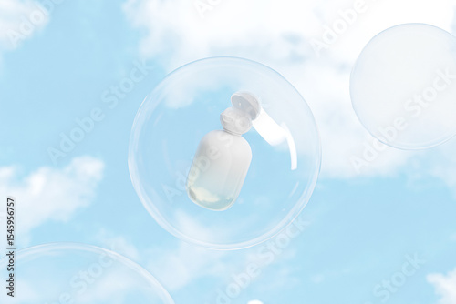 translucent cosmetic plastic bottle with ball shape flip cap mockup, luxury gradient round squeeze bottle with Spherical flip Cap, round skincare container, cylindrical shape bottle