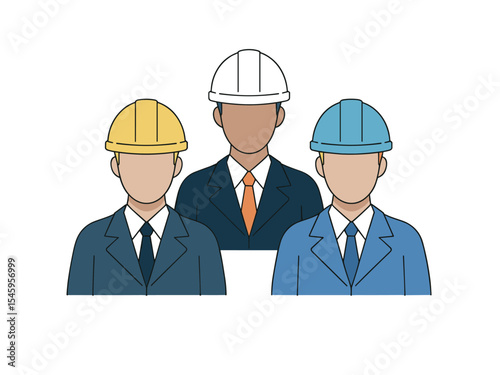 Three engineers wearing hard hats and suits standing together in a professional setting look serious