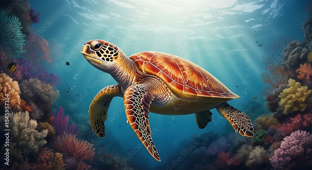 Fototapeta premium A stunning illustration of a sea turtle gracefully swimming amidst a vibrant coral reef.