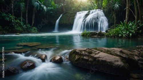 Majestic Tropical Waterfall: Lush Jungle Paradise with Crystal-Clear Pool