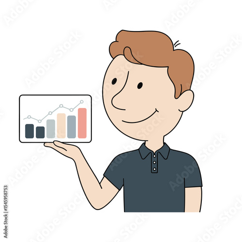 Cartoon man presenting a bar graph showing growth and progress on a screen held in his hand smiling