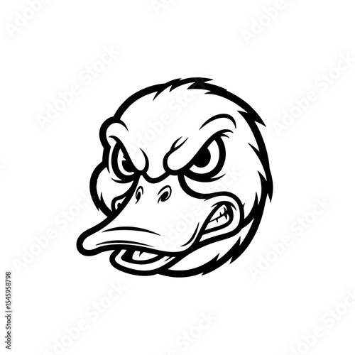 Angry Duck Emblem, Modern Logo Headshot of Duck With Intense Expression, Thick Black Lines