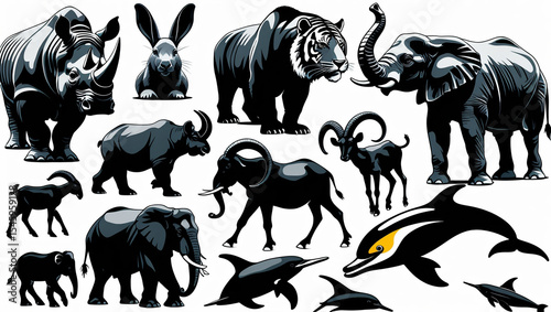 A captivating collection of wild animal silhouettes, featuring a majestic elephant, powerful bear, and fierce tiger, ideal for vector illustrations of nature and wildlife