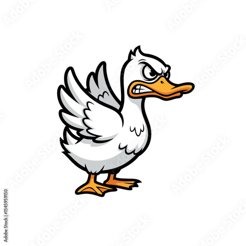 Angry Duck Logo, Side View Duck With Flared Wings and a Scowl, Bold Black Outline, Cartoon Design