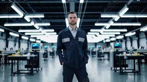Wallpaper Mural Man standing in modern factory interior. Industrial engineer in production hall. Worker confident in technology space. Machinery in plant background. Factory engineer controls automation process. Torontodigital.ca