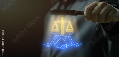 Business ethics and corporate responsibility concept for integrity, accountability, teamwork, fair practices, and ethical standards in corporate environments. Ethics icon on virtual screen.