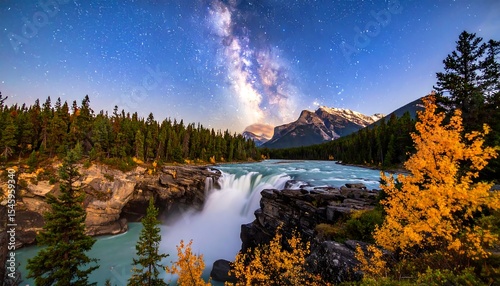 Waterfall Milky Way Night Sky.