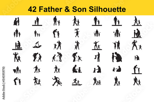 Collection of Father and Son Silhouette Illustrations Depicting Various Activities and Interactions Representing Fatherhood and Family Bonds