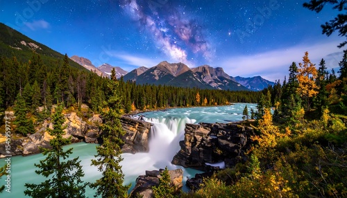 Waterfall under Milky Way with night landscape.