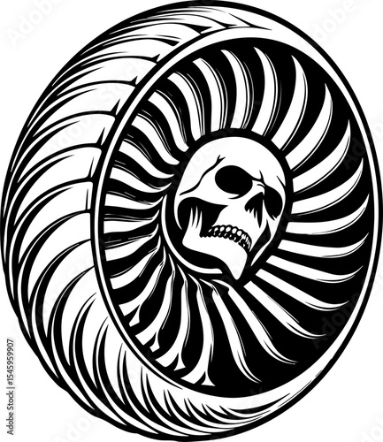 SVG illustration of bone engines merging skeletal forms with mechanical design. Stylized Skull Design within a Tire with Radiating Patterns