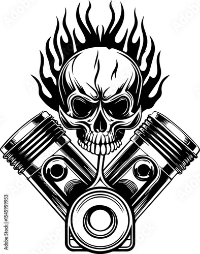 SVG illustration of bone engines merging skeletal forms with mechanical design. Skull and Piston Design with Flames for Automotive Enthusiasts